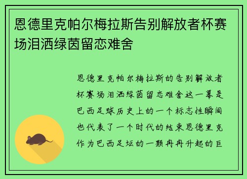 恩德里克帕尔梅拉斯告别解放者杯赛场泪洒绿茵留恋难舍