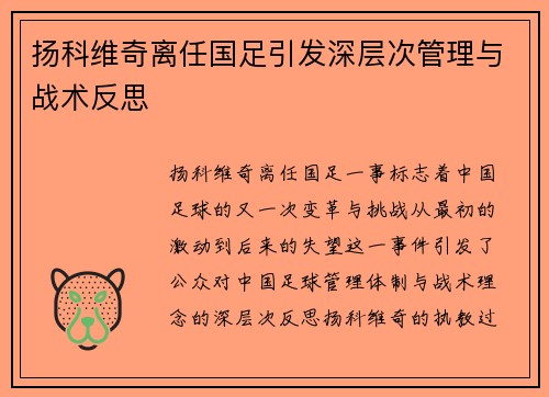 扬科维奇离任国足引发深层次管理与战术反思