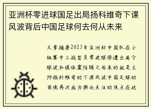 亚洲杯零进球国足出局扬科维奇下课风波背后中国足球何去何从未来 亚洲杯零进球国足出局扬科维奇下课风波背后中国足球何去何从未来