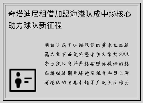 奇塔迪尼租借加盟海港队成中场核心助力球队新征程